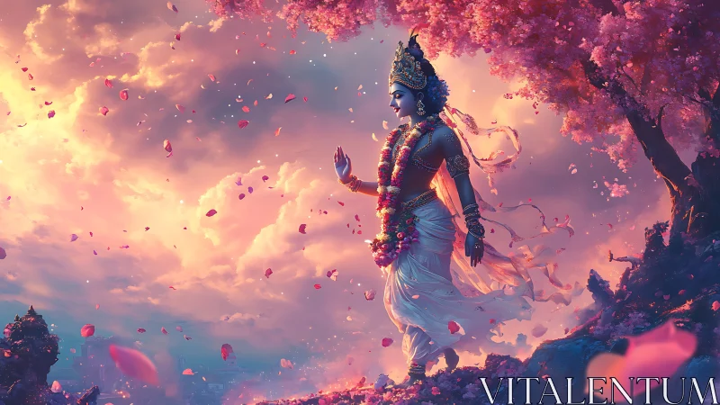 Divine dancer crossing a blossom storm in molten sunset skies.