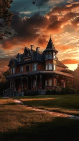 Victorian house under dramatic sunset sky at dusk.