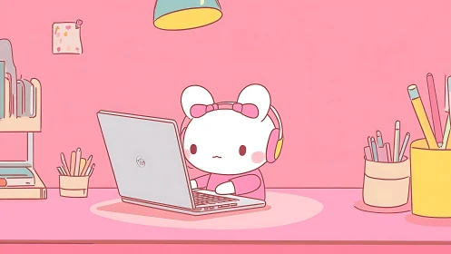 Cartoon mouse works on a laptop at a pink desk workspace