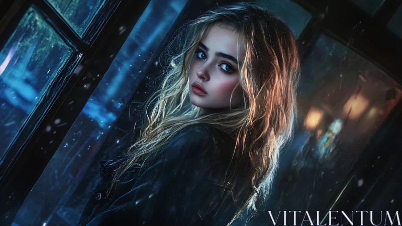 Moody blonde portrait under neon rain soaked window light.