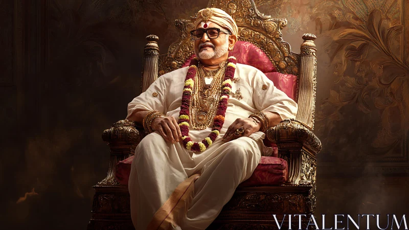 Regal elder in ornate throne room with golden opulence.