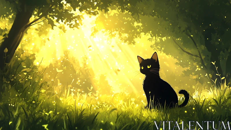 Black cat watches golden sunbeams in an enchanted forest.