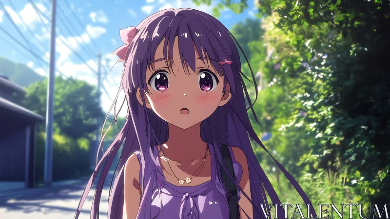 Anime girl stands on sunlit residential street in summer