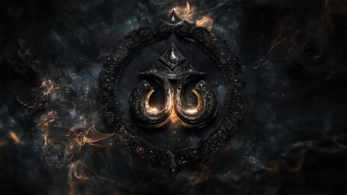 Metallic emblem with molten core on dark textured surface