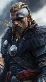 Battle-scarred warrior portrait with fur cloak and engraved armor