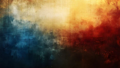 Abstract textured painting with bold blue, gold, and red hues.