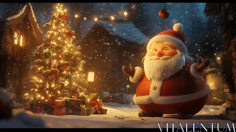 Jolly Santa in a glowing snowy village of Christmas wonder.