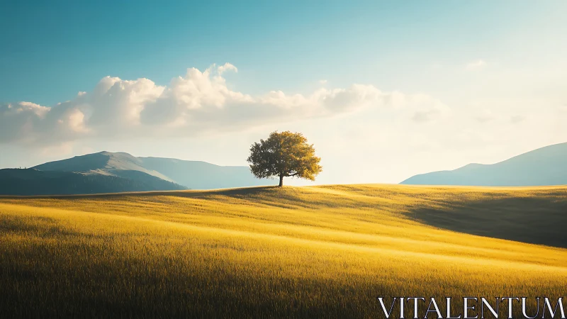 Lone tree stands on sunlit golden field beneath soft clouds