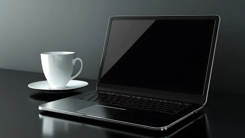 Sleek black laptop and white coffee cup on dark desk.