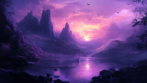 Violet dawn river between mythic spires and drifting mists.