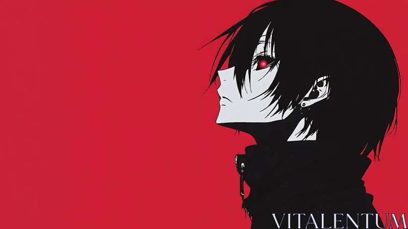 Side profile of dark haired anime figure on red ground.