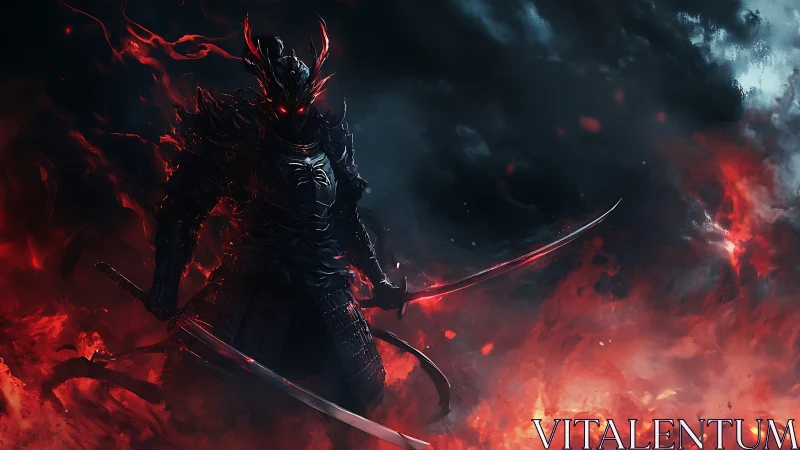 Armored dark warrior stands in flames with dual katanas