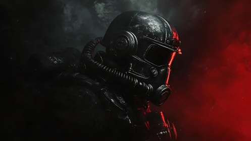 Armored tactical operator in respirator helmet, red backlight