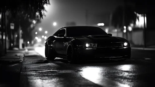 Black sports car on wet city street at night in monochrome.