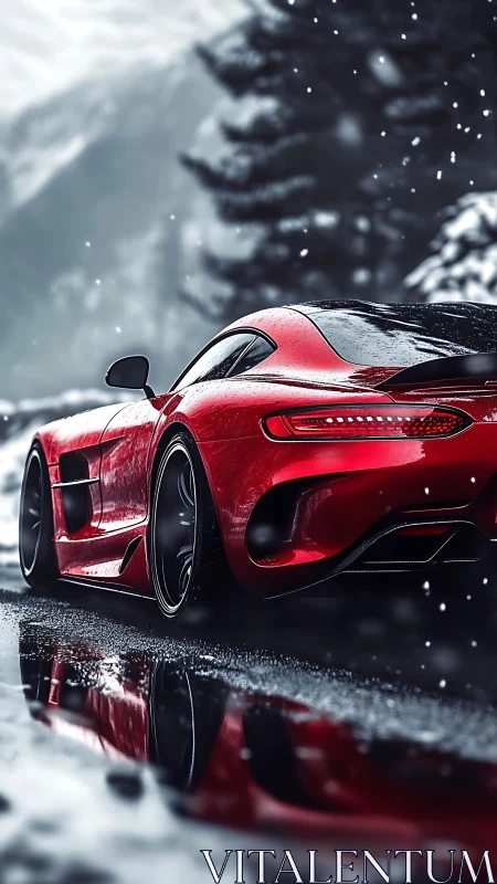 Red supercar glides through snowy mountain road at dusk.