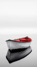 Solitary red and white rowboat rests in tranquil mirrored water