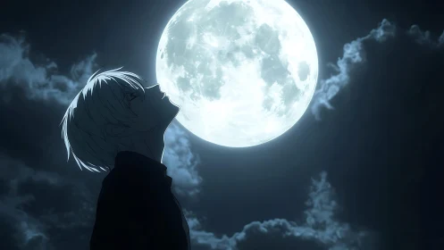 Luminous full moon backlighting silver haired anime silhouette