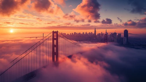Aerial atmospheric study of suspension bridge in noctilucent fog.