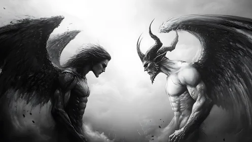 Angel and demon locked in monochrome celestial standoff.