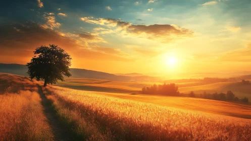 Golden wheat field landscape under vivid sunset light.
