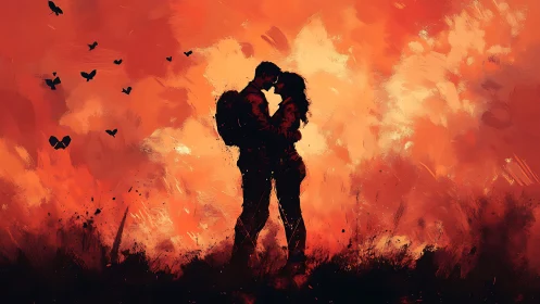Silhouetted Lovers Embrace Against Fiery Atmospheric Backdrop.