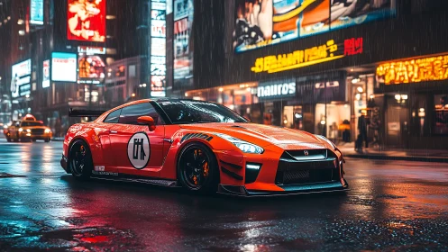 Modified orange sports coupe on wet neon city street at night.