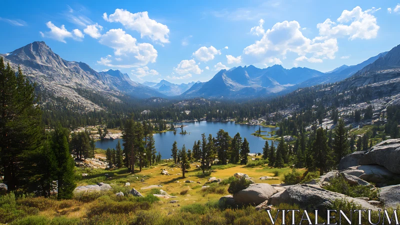 Photorealistic alpine lake vista with conifer foreground framing.