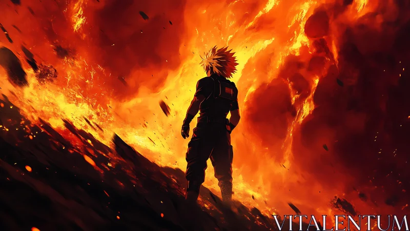 Heroic anime warrior standing bold before roaring firestorm.