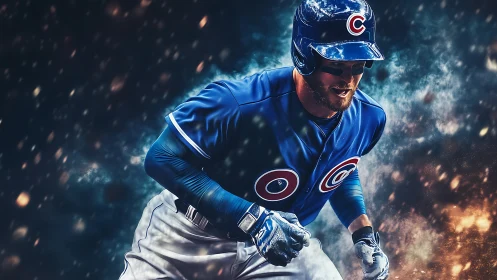 Dynamic baseball runner in blue uniform amid kinetic particle field