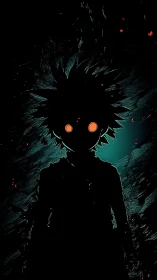 Silhouetted anime figure with glowing orange eyes in void.
