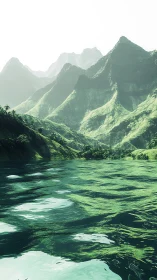 Emerald mountain lake under hazy highland sunlight.