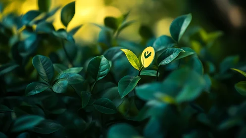 Bright yellow sprout smiling gently among deep green leaves.