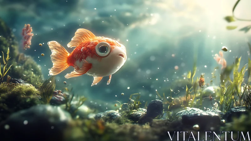 Goldfish with oversized eye swims through lit aquatic plants