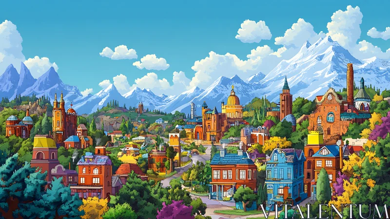 Colorful mountain cityscape under bright summer sky.
