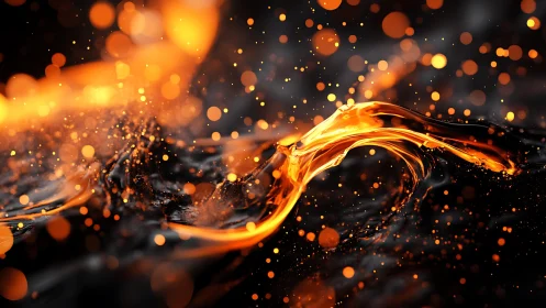 Abstract fiery liquid wave with glowing orange sparks, digital art.