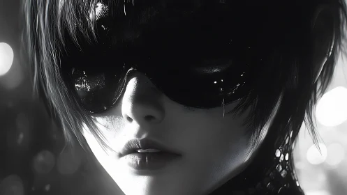 Monochrome close-up isolates masked cyber portrait with specular detail