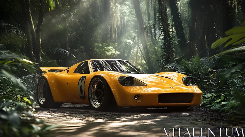 Yellow race car rests on sunlit jungle dirt track
