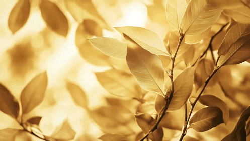Golden sunlight on tree leaves in soft, dreamy nature style.