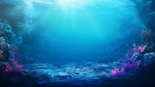 Submerged seafloor scene shows illuminated coral margins