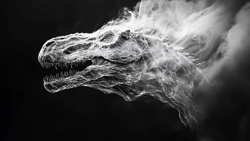 Dinosaur skull profile rendered in white smoke lines.
