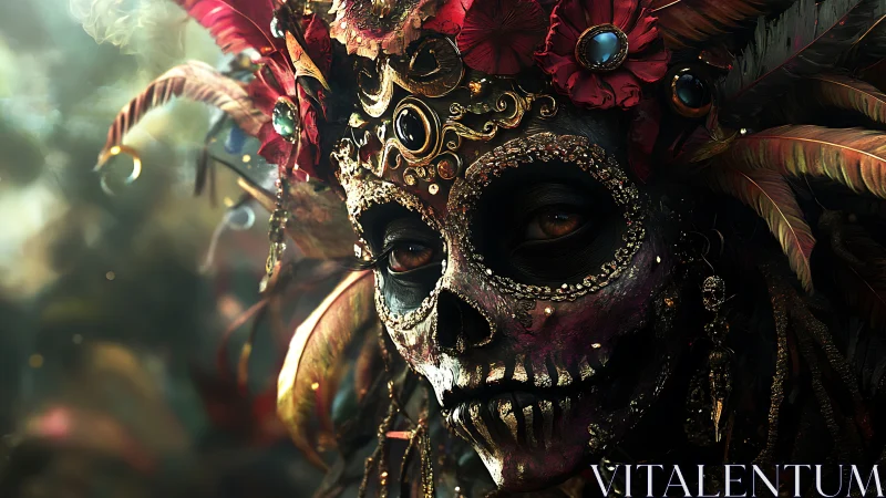 Ornate skeletal carnival mask glows with jeweled finery.
