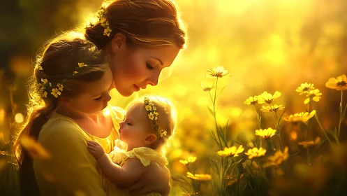 Sunlit mother and daughters weave a golden circle of calm
