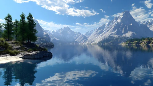 Sunlit alpine lake mirrors towering snowlit mountain peaks