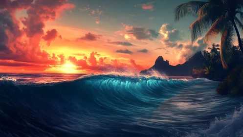 Vivid tropical sunset over crashing turquoise ocean waves.