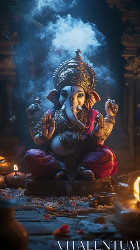 Ganesha idol glows in incense haze during sacred temple ritual