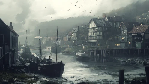 Fog-draped harbor village dreaming in muted twilight tones.
