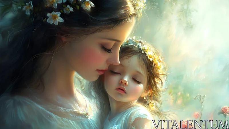Mother and child embrace in soft glowing floral light