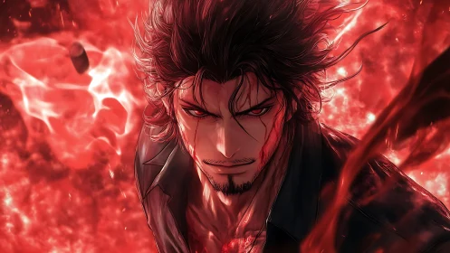 Red-lit anime male figure with intense gaze and flames.