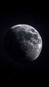 Crescent moon reveals rugged cratered surface in space.