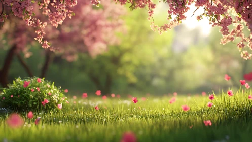 Spring meadow stretches under blooming cherry canopy glow